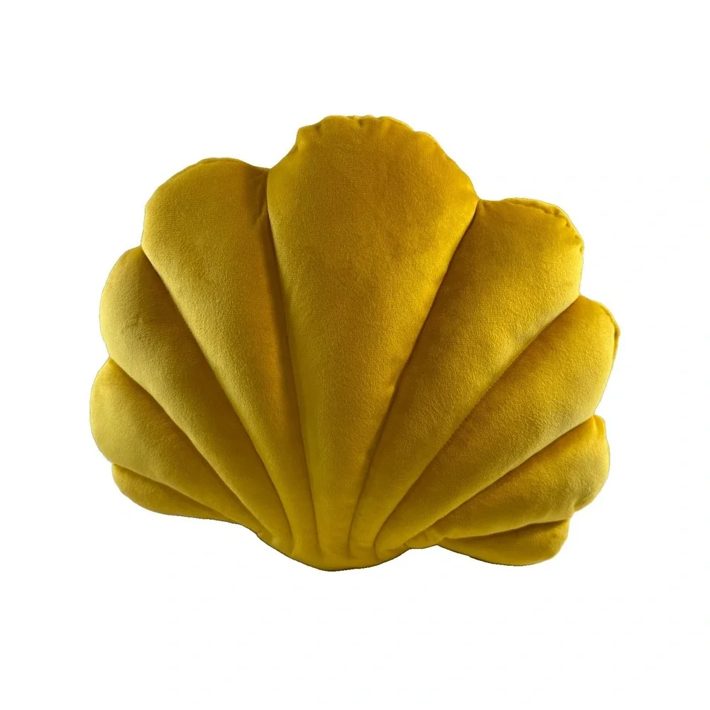 Vintage Mustard Yellow Velvet Seashell Throw Pillow Coastal Beach Decor 13x11